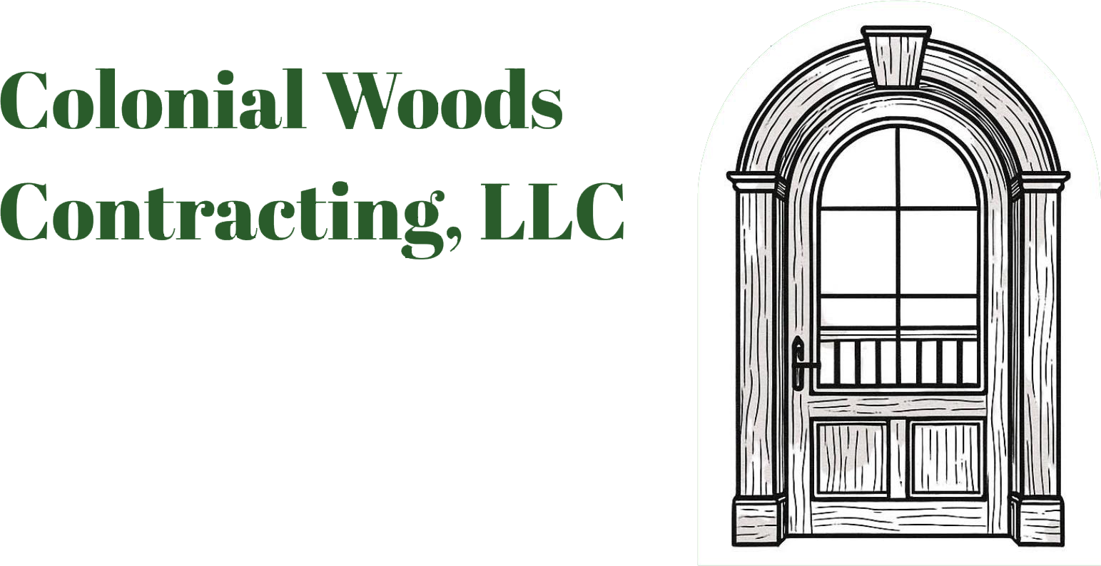 Colonial Woods Contracting, LLC logo with green text and a black line-art arched window/door illustration