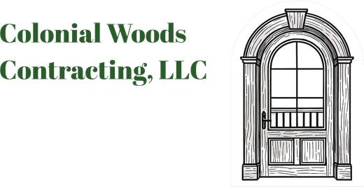 Colonial Woods Contracting, LLC logo with green text and a black line-art arched window/door illustration