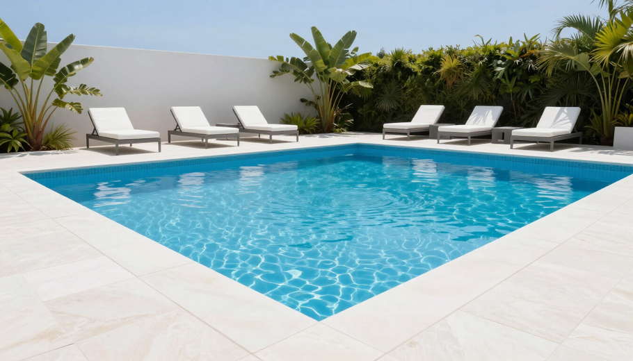 Modern backyard pool with white lounge chairs and palm trees under a clear sky