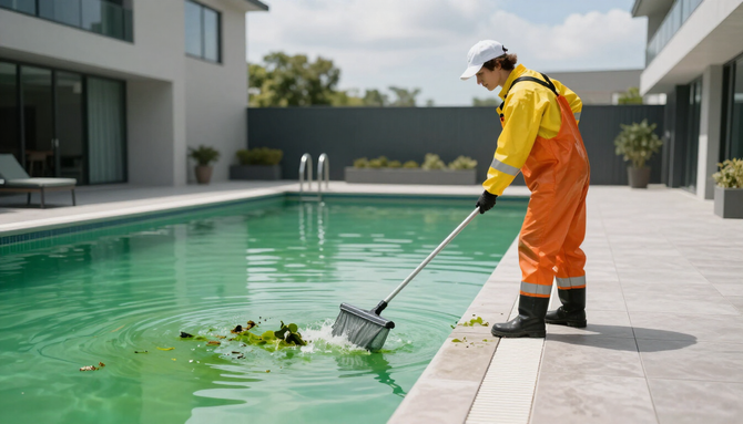 Pool worker skimming debris from a turquoise swimming pool beside modern homes