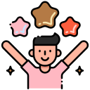 Smiling person in pink shirt with raised arms, surrounded by colorful stars and sparkles