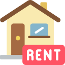 House with a red “RENT” sign and a window icon, representing rental housing.