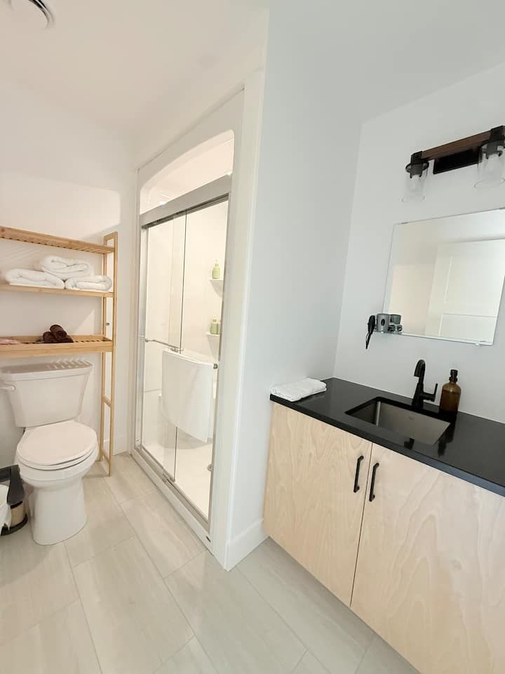 Bright modern bathroom with toilet, open shower, and light wood vanity with black countertop