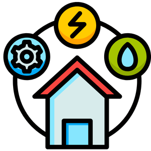 Eco home icon with gear, lightning, and water symbols, representing sustainable energy use