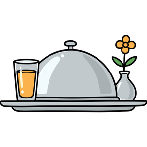 Serving tray with covered dish, glass of orange juice, and small vase with yellow flower
