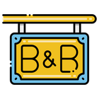 Yellow and blue hanging sign reading “B&B” in black lettering