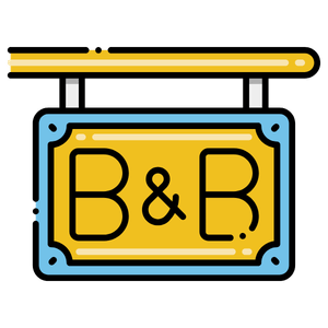 Blue and yellow hanging sign reading “B&B” with a horizontal bar above it