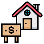 House with dollar sign sign in front, shown as a real estate icon in pink, black, and beige.