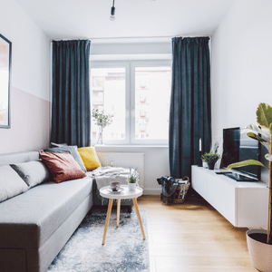 Bright modern living room with gray sofa, blue curtains, coffee table, and TV stand by the window