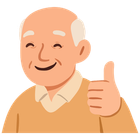 Smiling cartoon person giving a thumbs-up, wearing a tan sweater on a light background