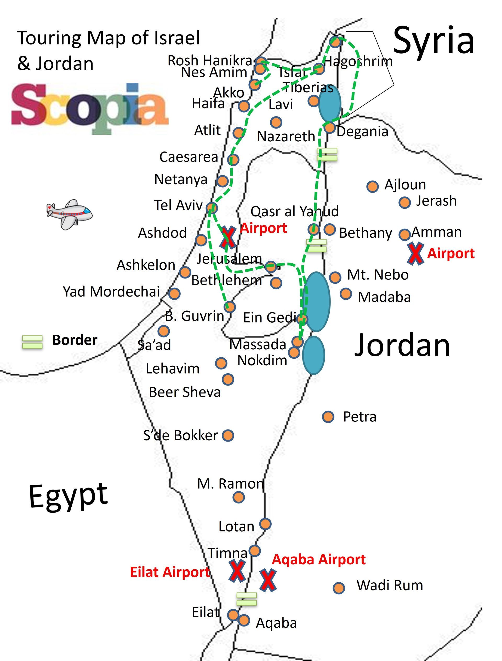Touring map of Israel and Jordan.