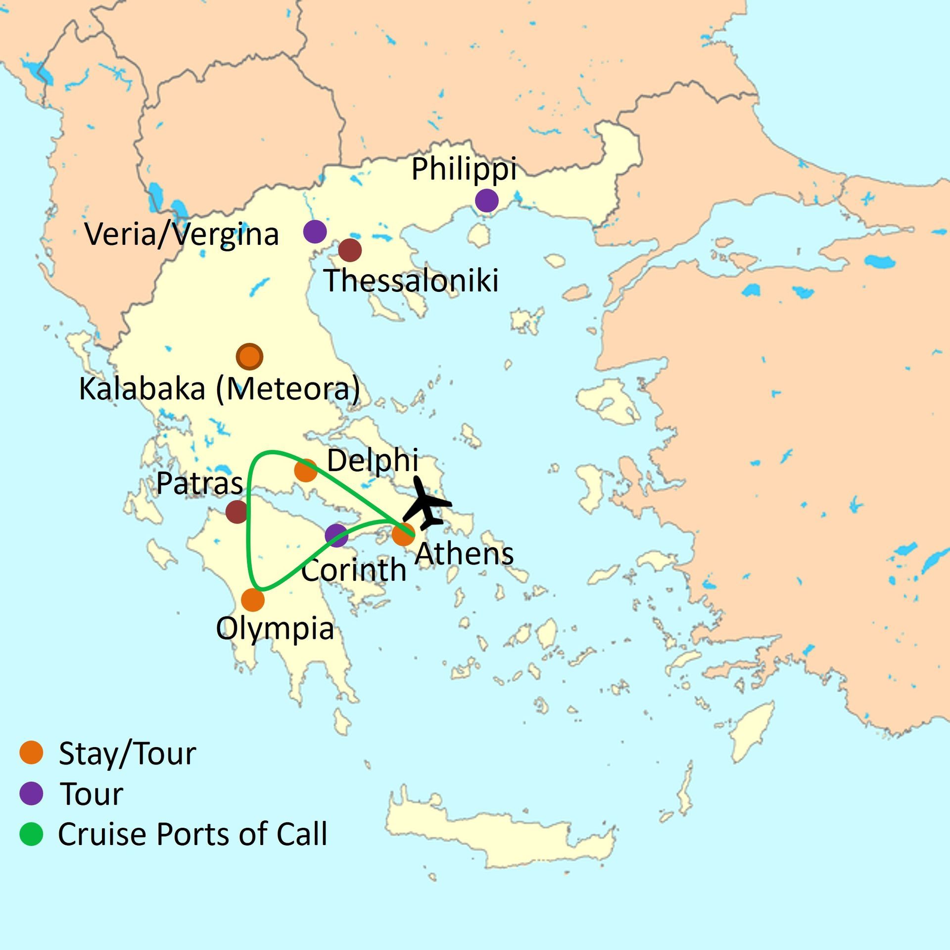 Map of touring route - Greece tour package 6 days / 5 nights Map of touring route - Greece tour package 6 days / 5 nights