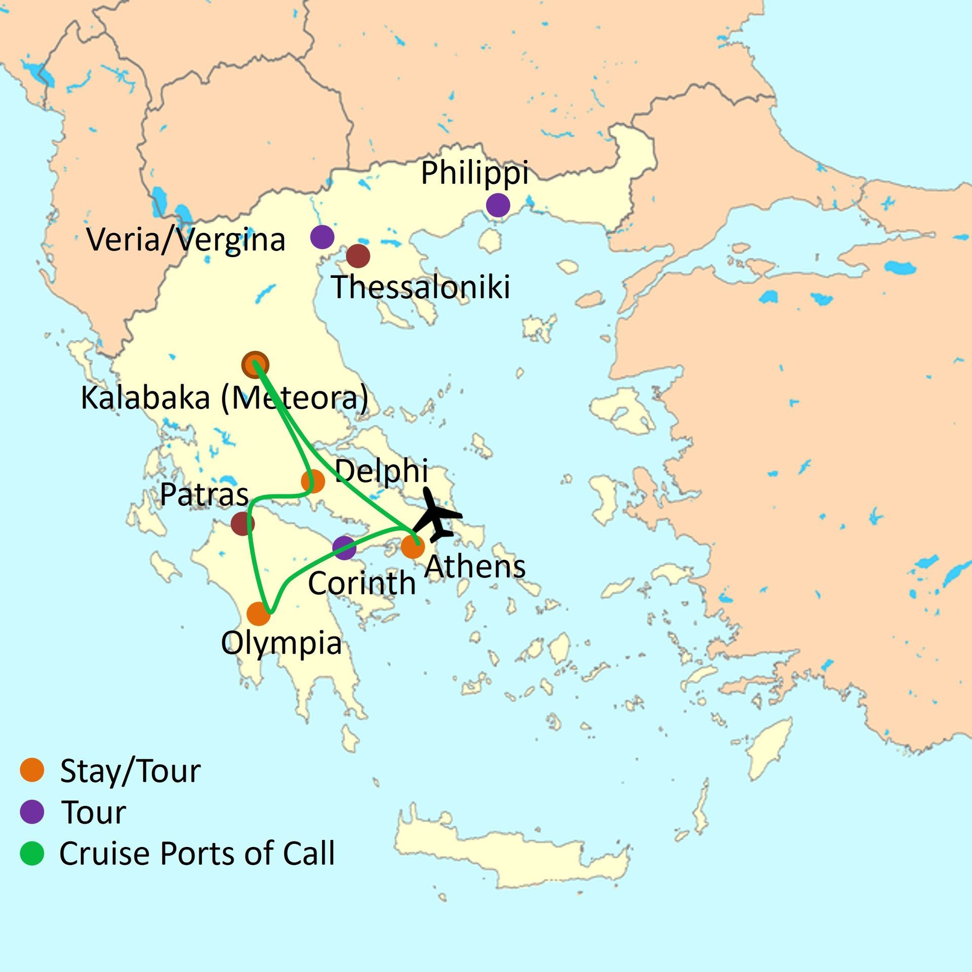 Map of touring route - Greece tour package 7 days / 6 nights Map of touring route - Greece tour package 7 days / 6 nights