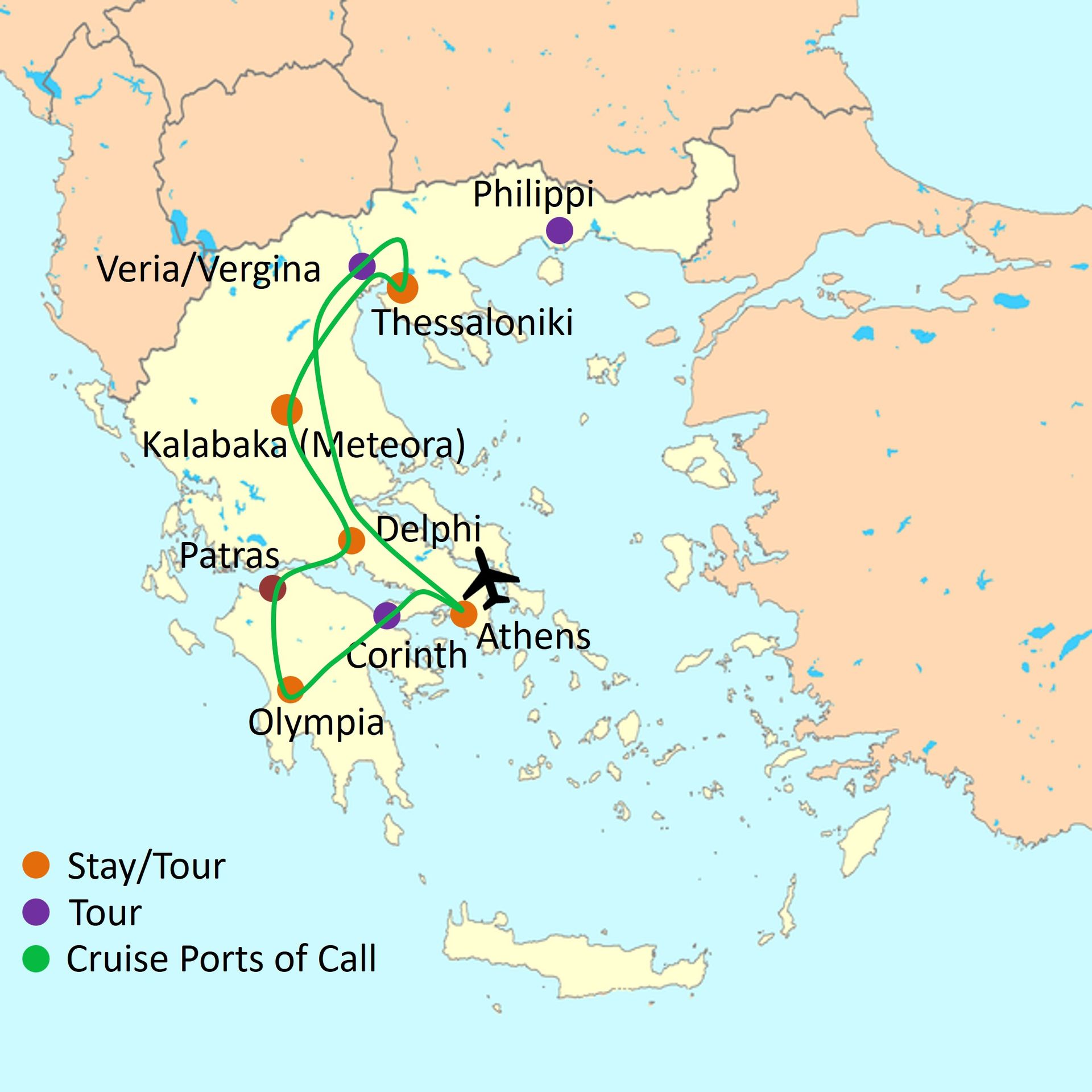 Map of touring route - Greece tour package 10 days / 9 nights Map of touring route - Greece tour package 10 days / 9 nights