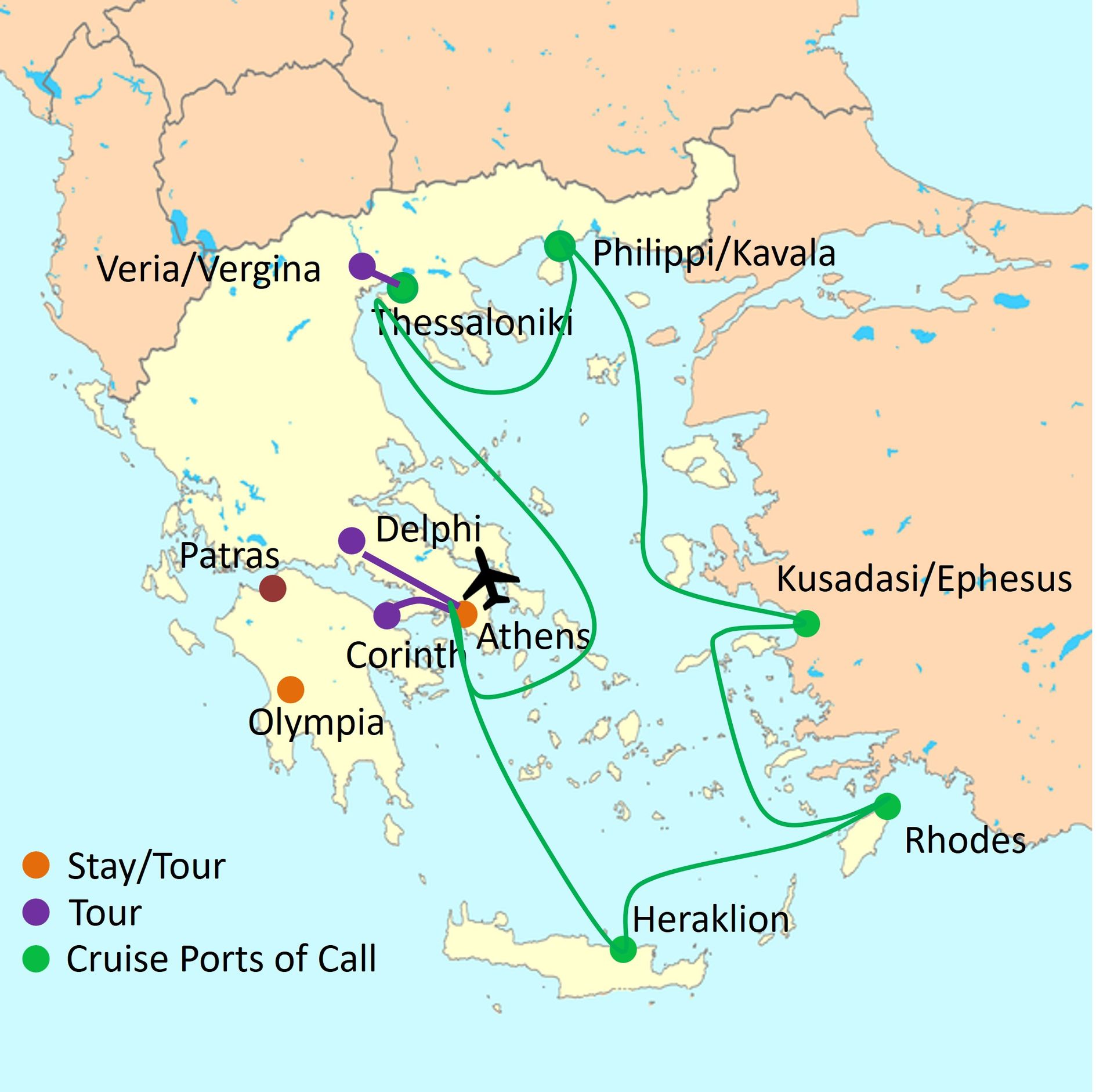Touring map of Greece Small Group Tour, March 30 - April 12, 2027