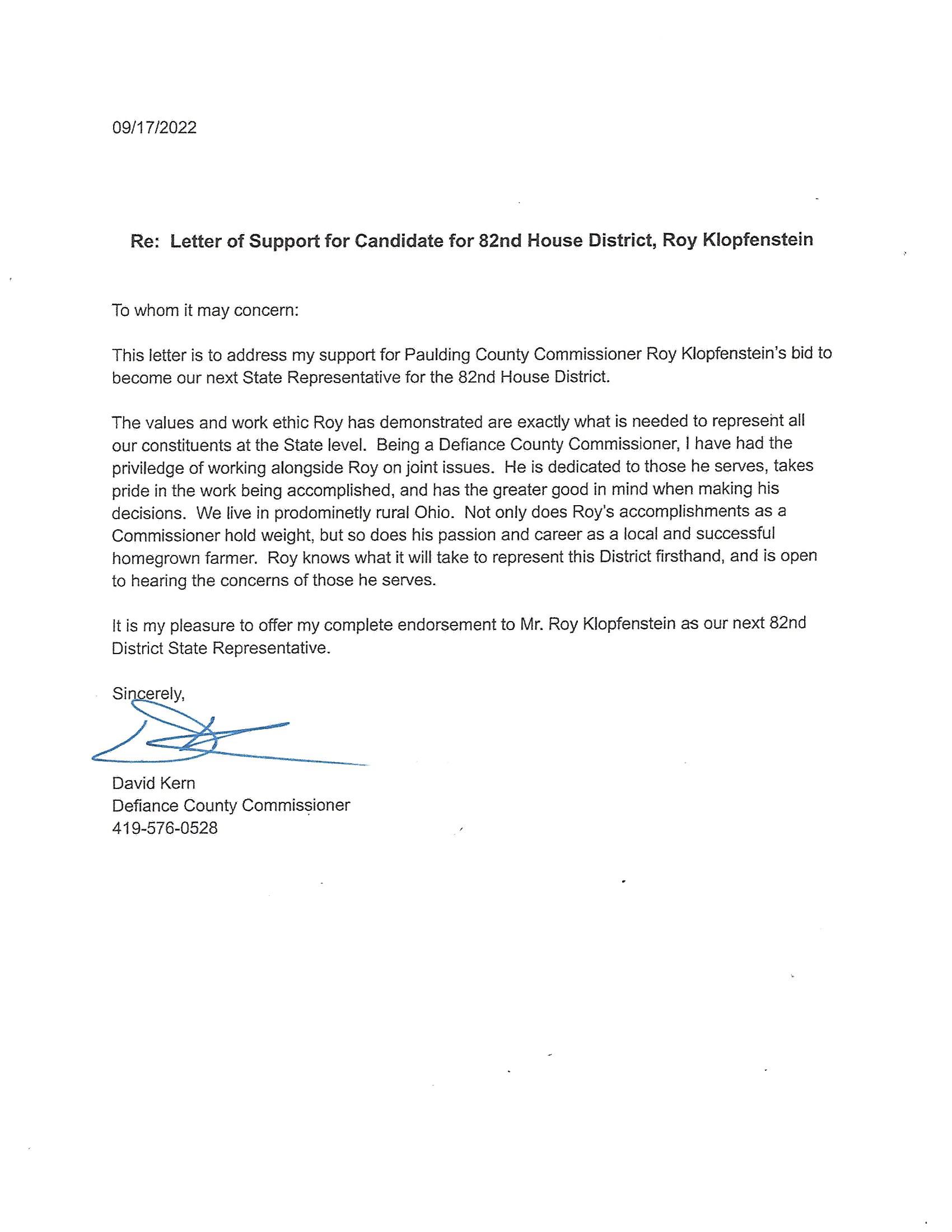 Defiance County Commissioner David Kern Endorsement