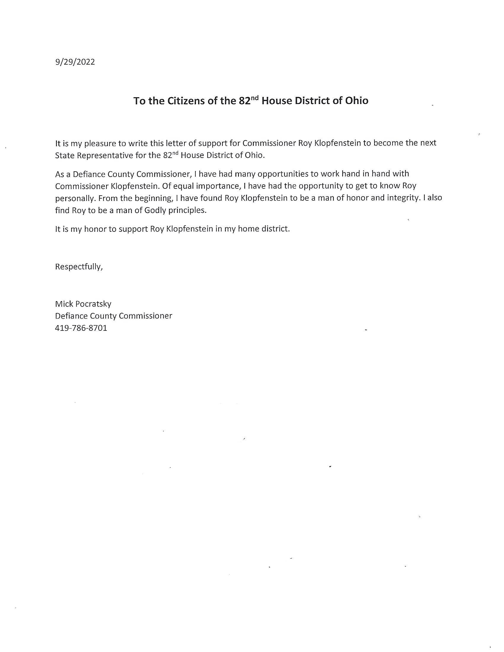 Defiance County Commissioner Mick Pocratsky Endorsement
