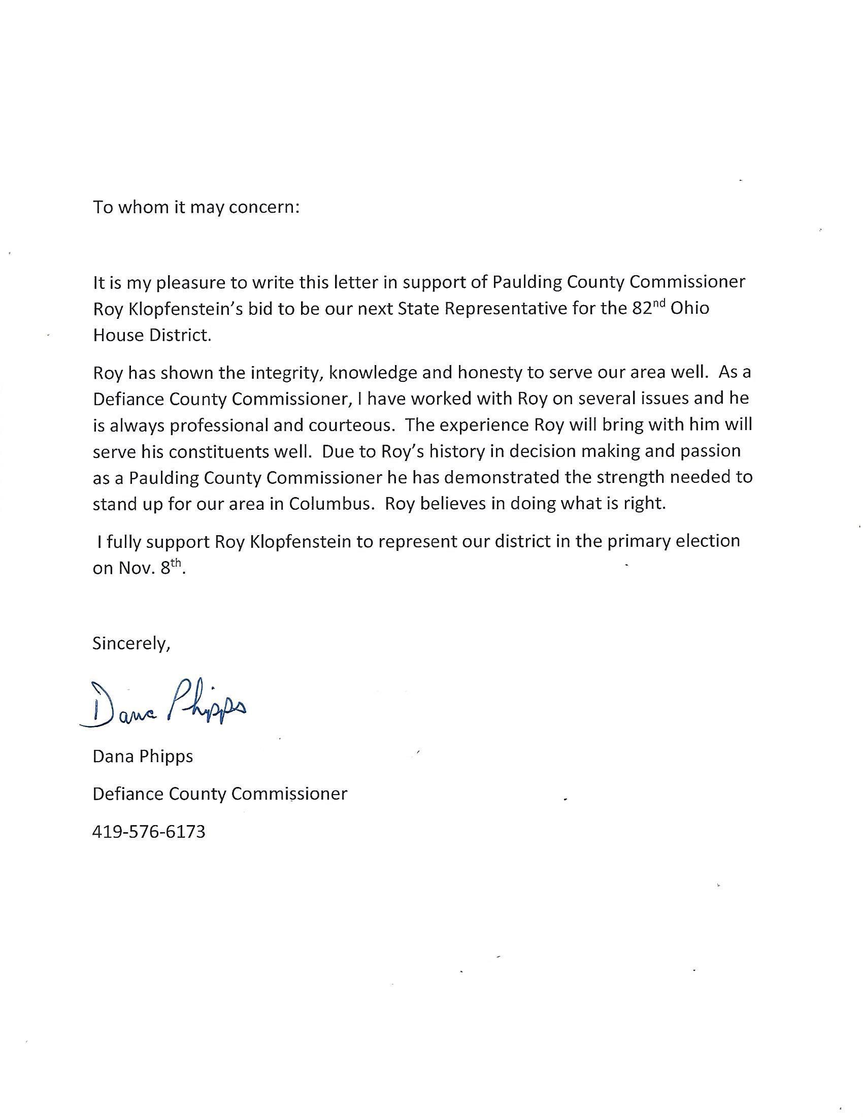 Defiance County Commissioner Dana Phipps Endorsement