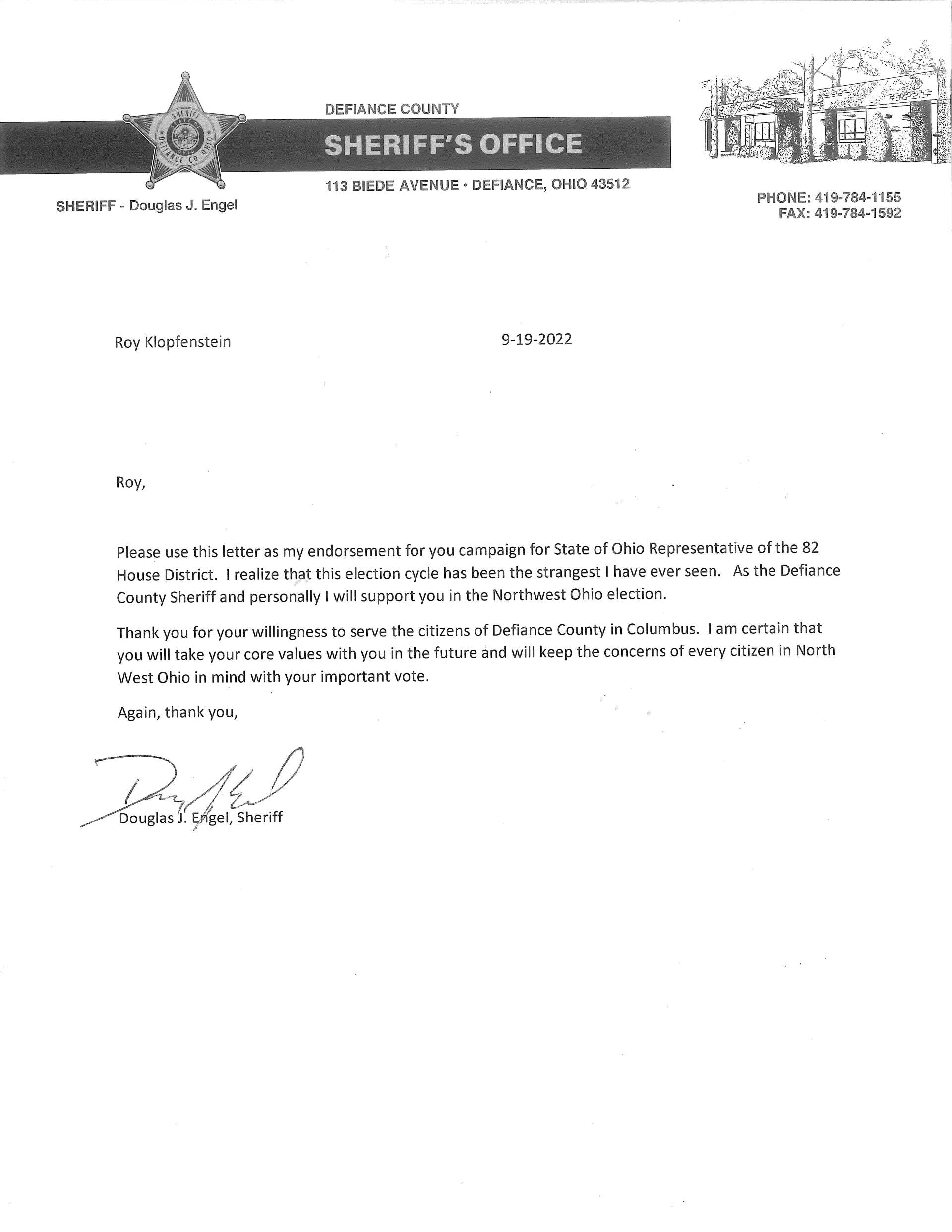 Defiance County Sheriff Douglas Engle Endorsement