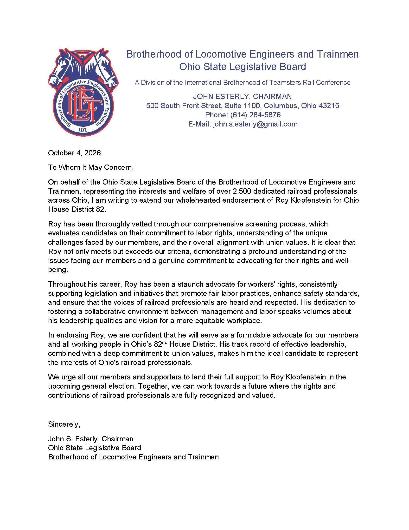 Brotherhood of Locomotive Engineers and Trainmen Endorsement of Roy Klopfenstein for State Representative