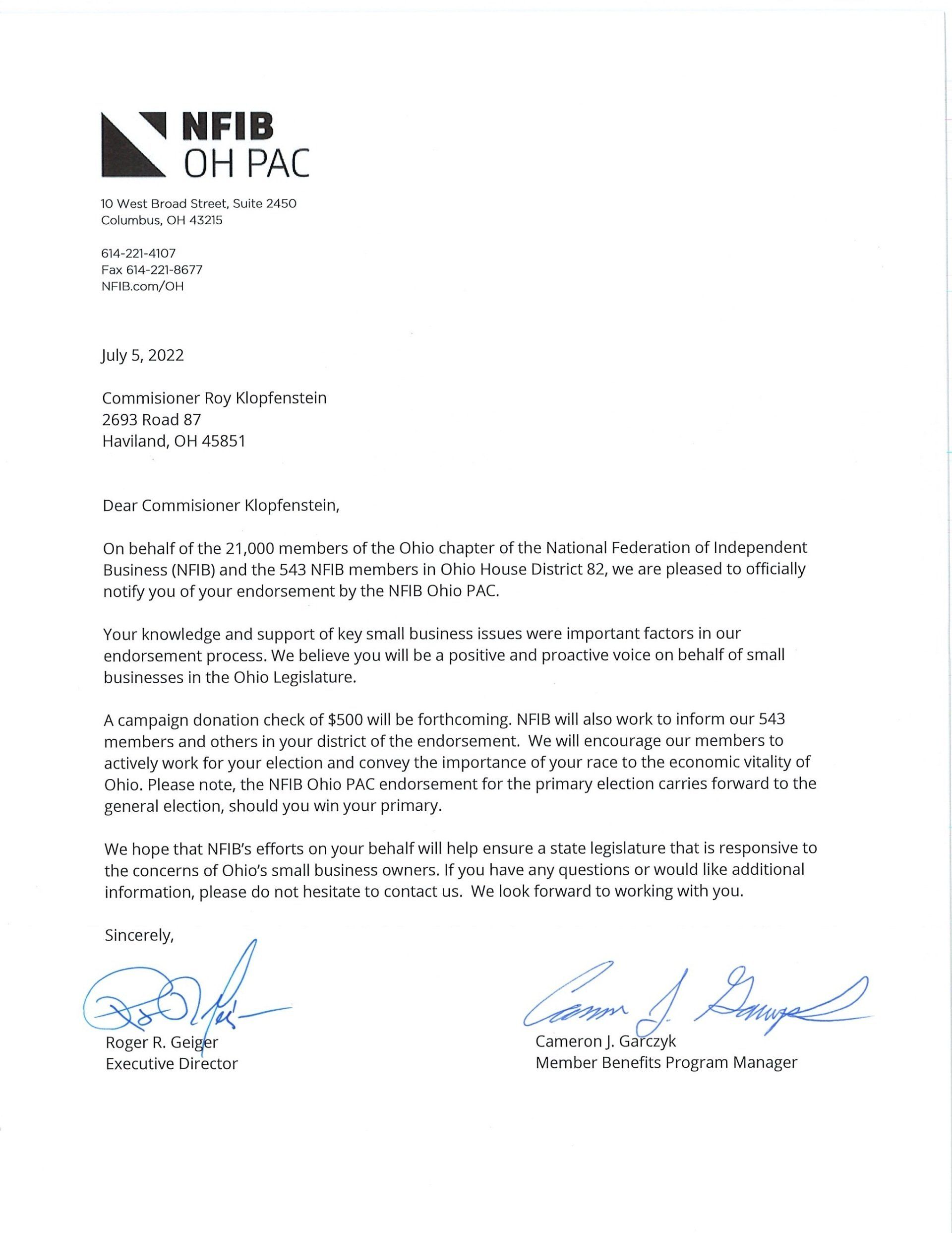 NFIB Endorsement Letter Roy Klopfenstein
