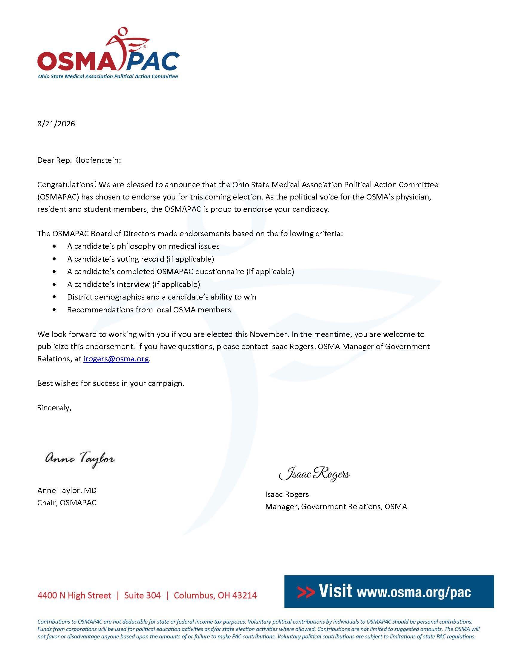 Ohio State Medical Association OSMA Endorsement of Roy Klopfenstein