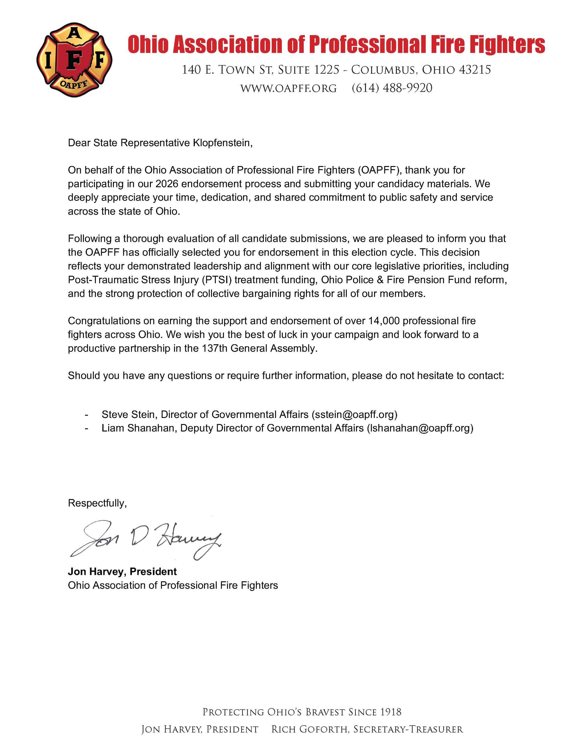 Ohio Association of Professional Fire Fighters Endorsement of Roy Klopfenstein