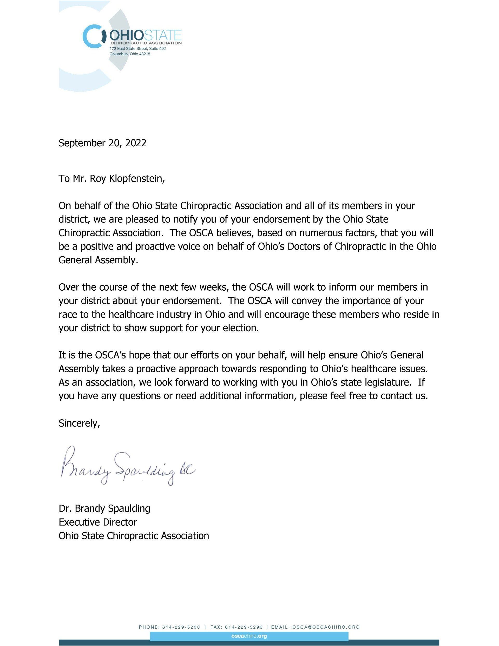 Ohio State Chiropractic Association Endorsement Roy Klopfenstein State Representative