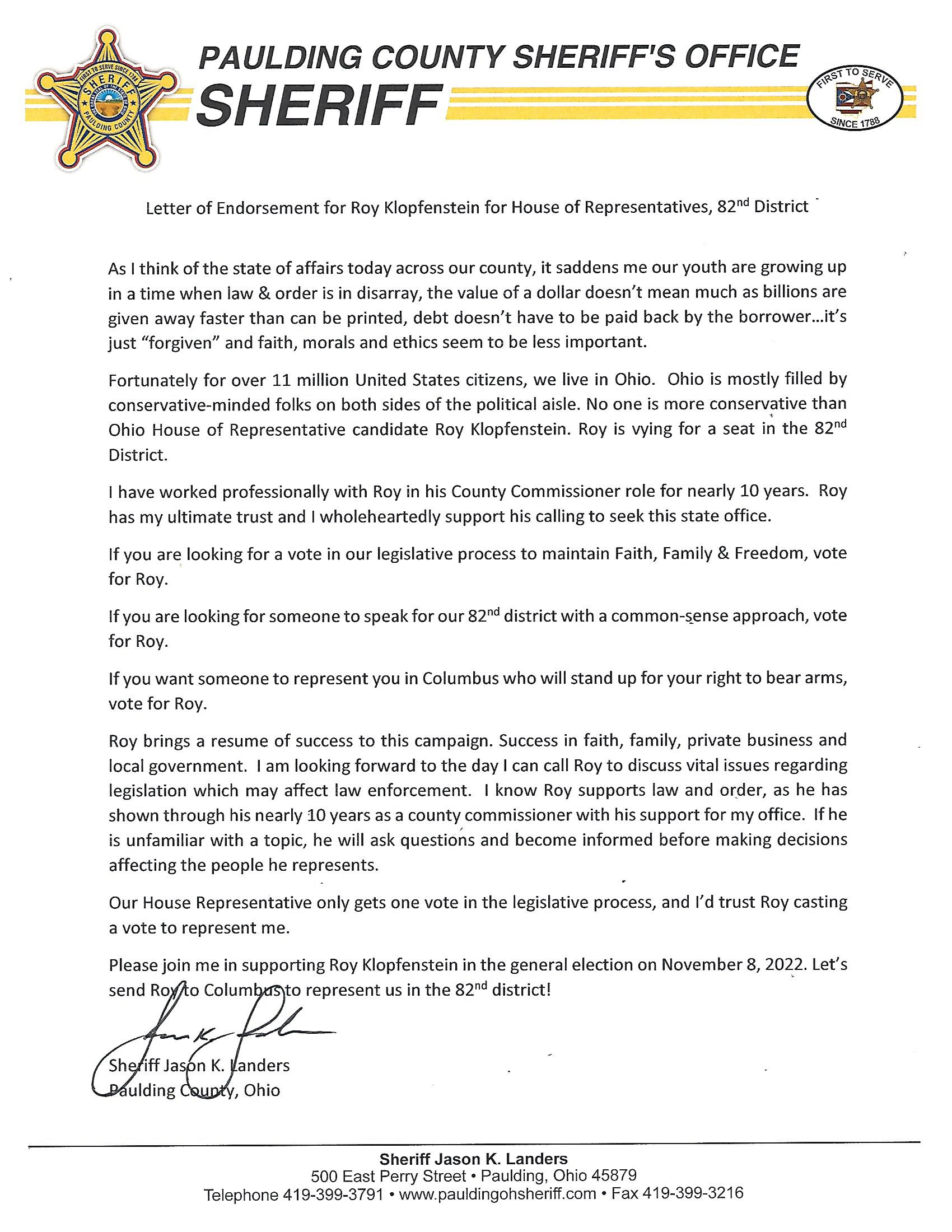 Paulding County Sheriff Jason Landers Endorsement