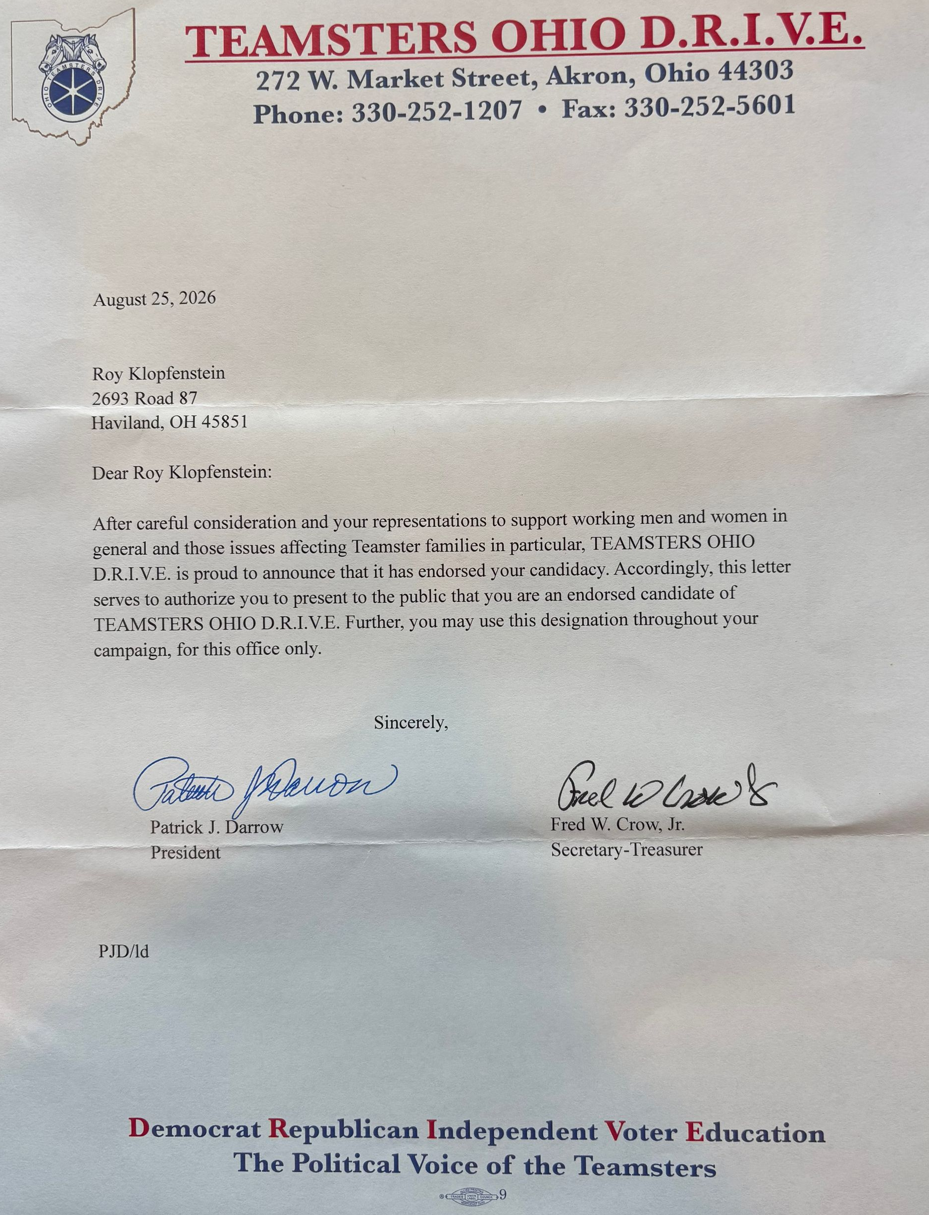 Teamsters Ohio Endorsement of Roy Klopfenstein for State Representative