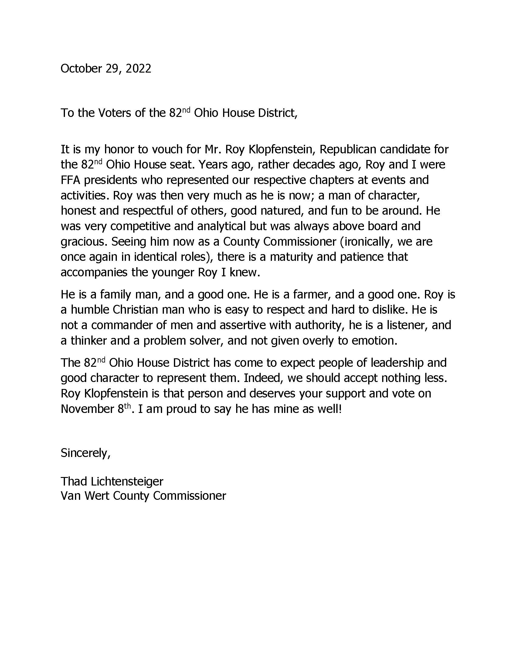 Van Wert County Commissioner Thad Lichtensteiger Endorsement