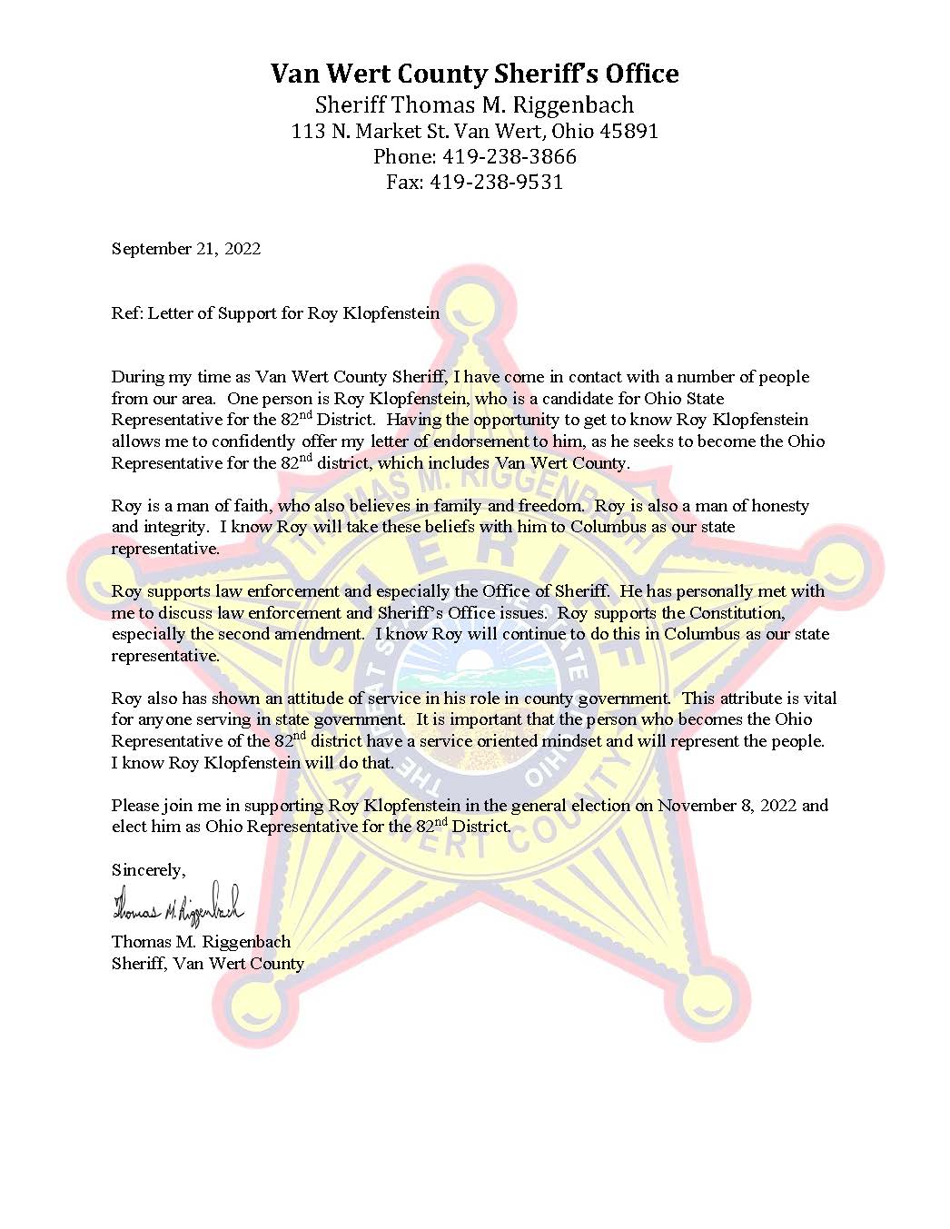 Van Wert County Sheriff Thomas Riggenbach Endorsement