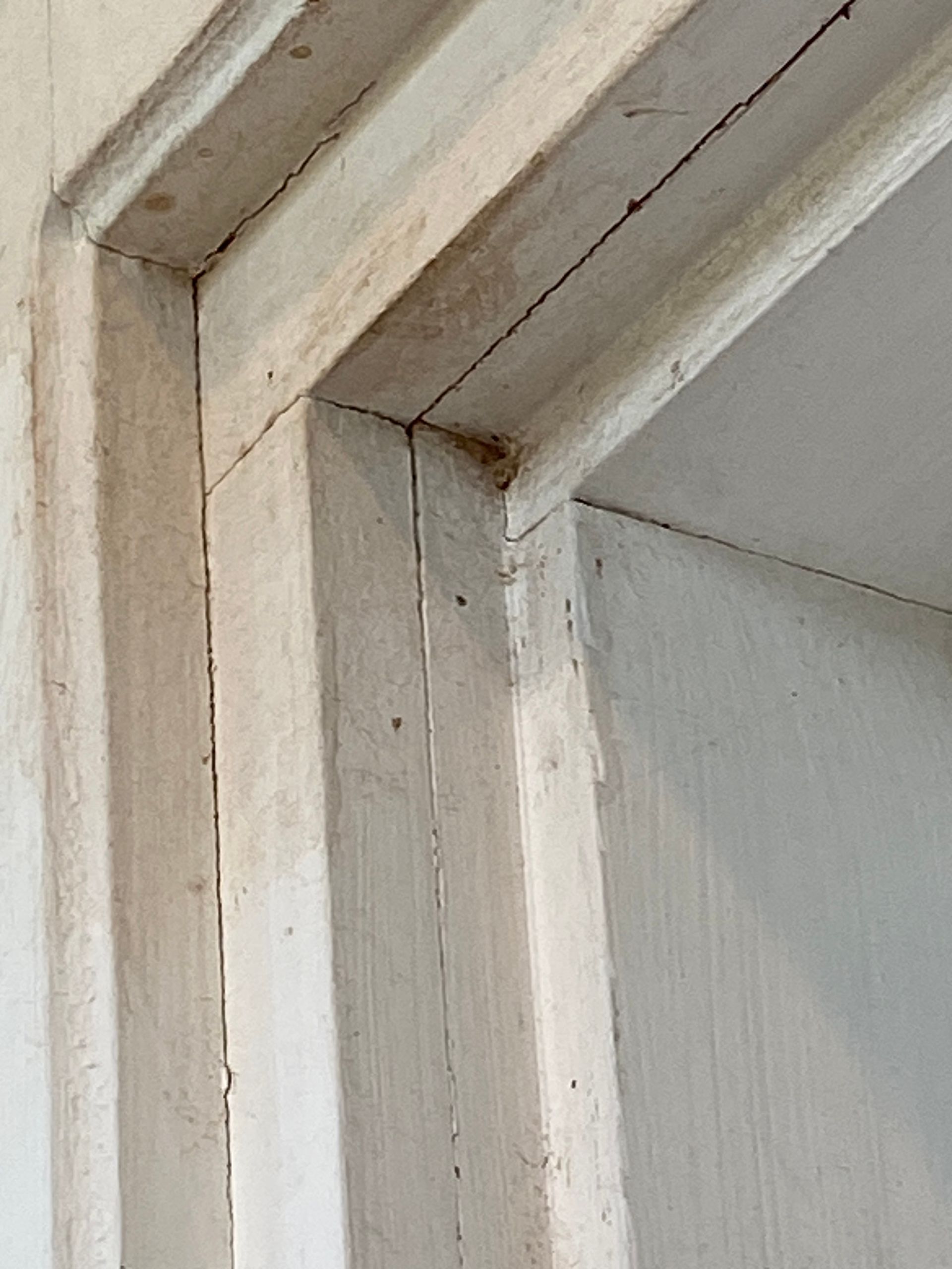 Close-up of a white painted door frame. Visible are cracks and layered molding.