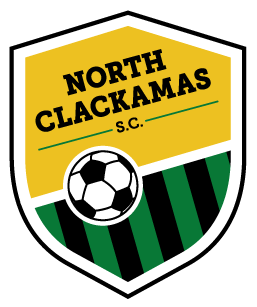 North Clackamas S.C. logo: shield with yellow/green sections, soccer ball, text "NORTH CLACKAMAS S.C."