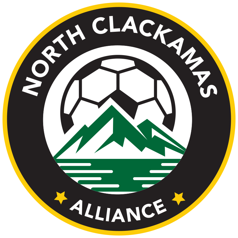 North Clackamas Alliance soccer logo: soccer ball over green mountains, black and yellow circle.