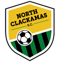 Shield logo for North Clackamas S.C. featuring a soccer ball, team name, and green, black, and gold colors.