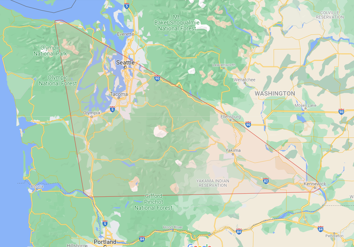 Map of Washington state with a highlighted diagonal route.
