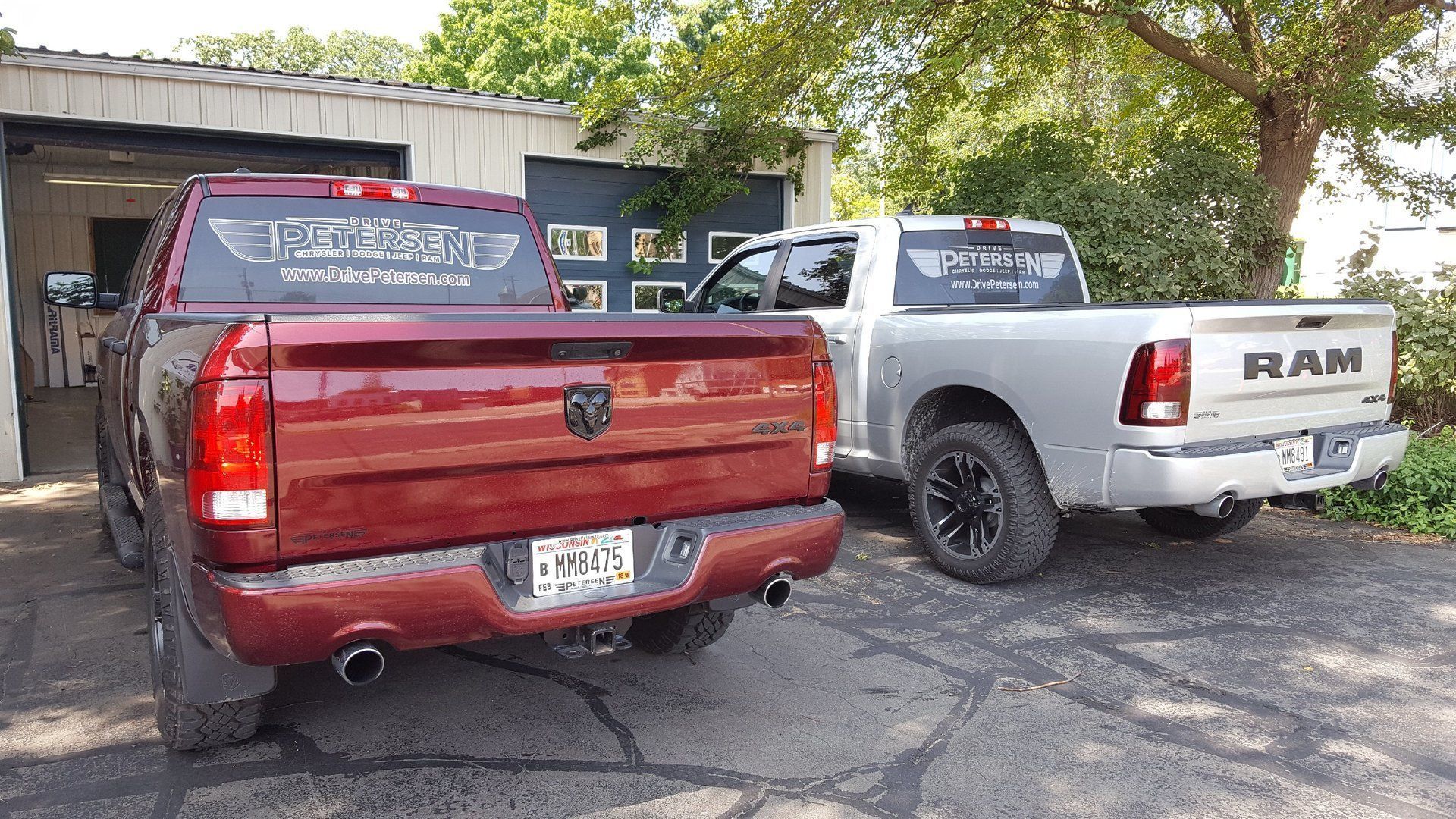 Rear view of a red pickup truck