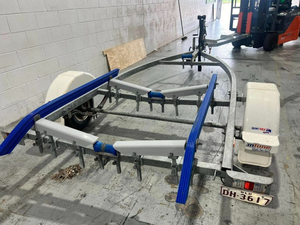 Boat Trailer With Blue Rollers and White Fenders — In Tune Marine in West End, QLD