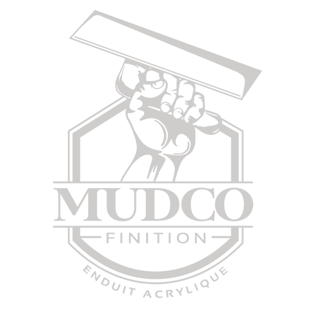 Logo de Mudco Finition. Une main tenant une truelle, avec les inscriptions « MUDCO FINITION » et « Enduit Acrylique ».