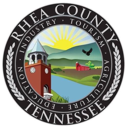 Rhea County, Tennessee seal: Scenic landscape, church tower, sun, and text.