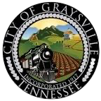 City of Graysville, Tennessee seal featuring a train, farmland, mountains, and a building under a sunny sky.