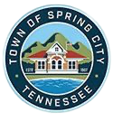 Town of Spring City, Tennessee seal. Features a building and mountains within a blue ring with text.