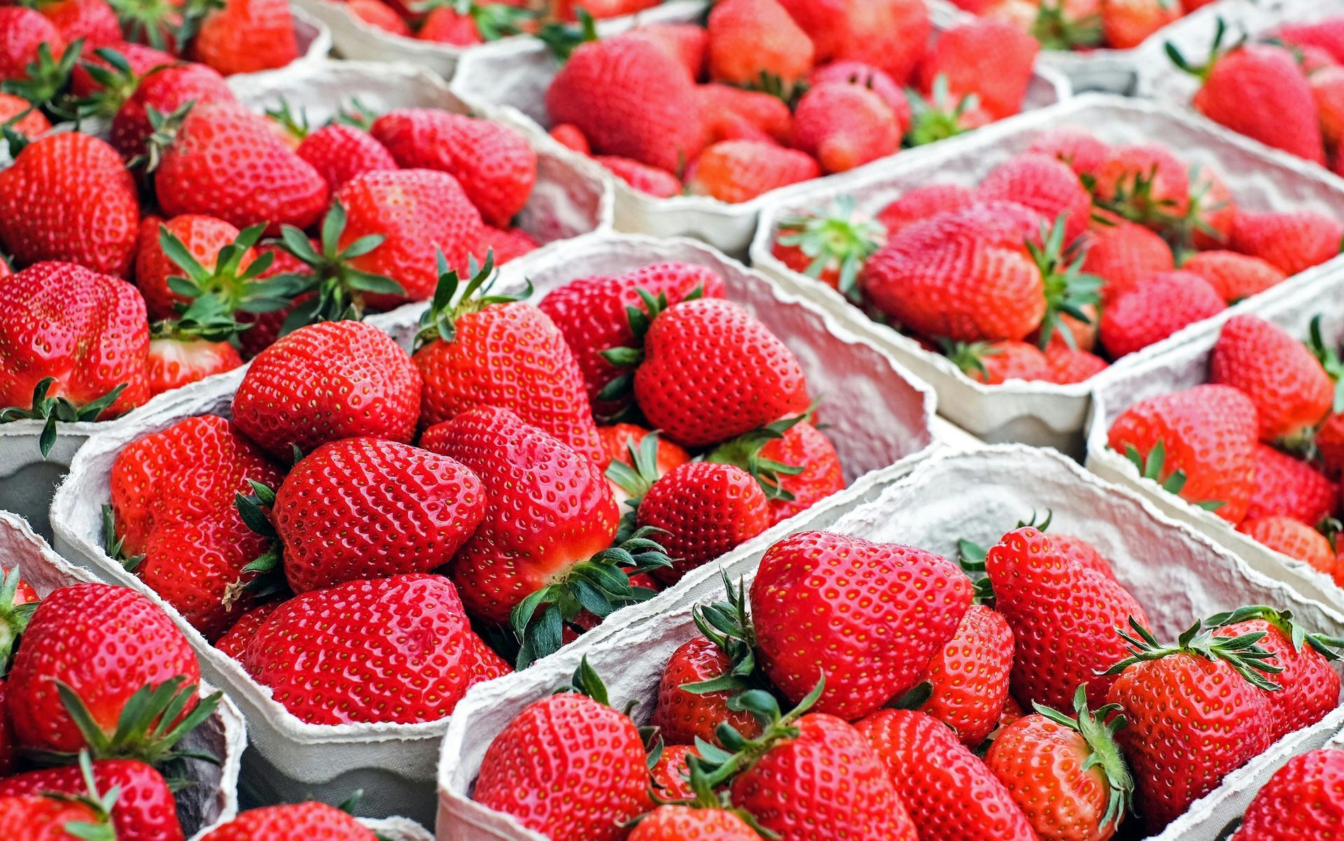 Strawberries in cardboard containers at a market stall; ripe red berries with green tops.