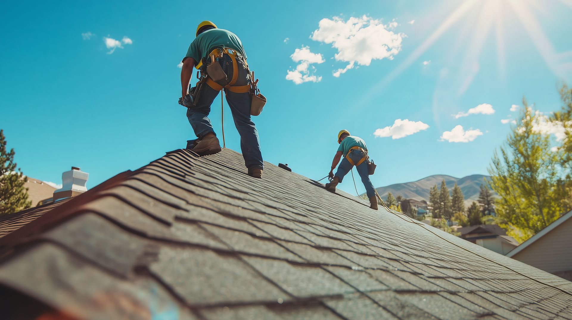 Local roofers wearing safety harnesses while performing repairs on a steep residential shingle roof.