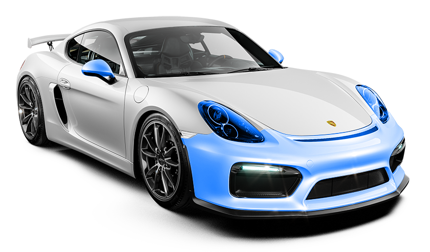A white sports car with a blue bumper on a white background.