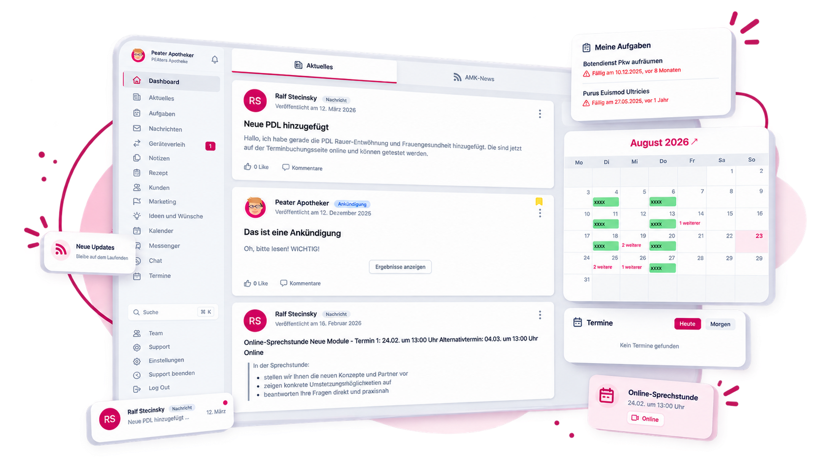 Werbe-Dashboard-Mockup mit weißen Karten, rosa Akzenten, Aufgabenliste und Kalender-Widgets
