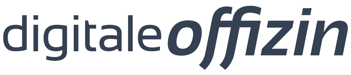 Logo mit der Aufschrift „digitale offizin“ in dunkelgrauer und blauer Kursivschrift auf weißem Hintergrund