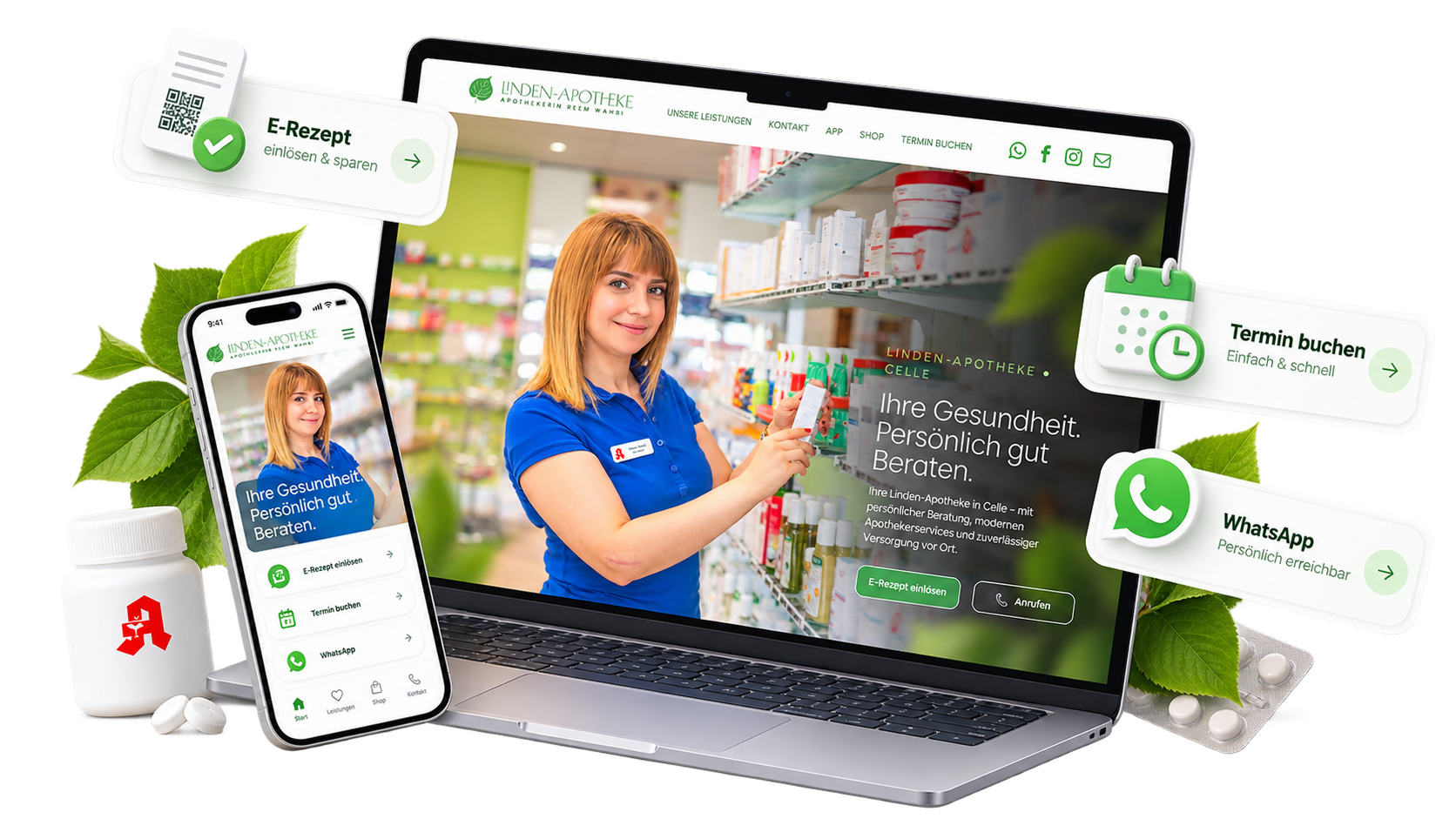 Laptop und Smartphone zeigen eine Apotheken-Website mit schwebenden Chat- und Anrufsymbolen.