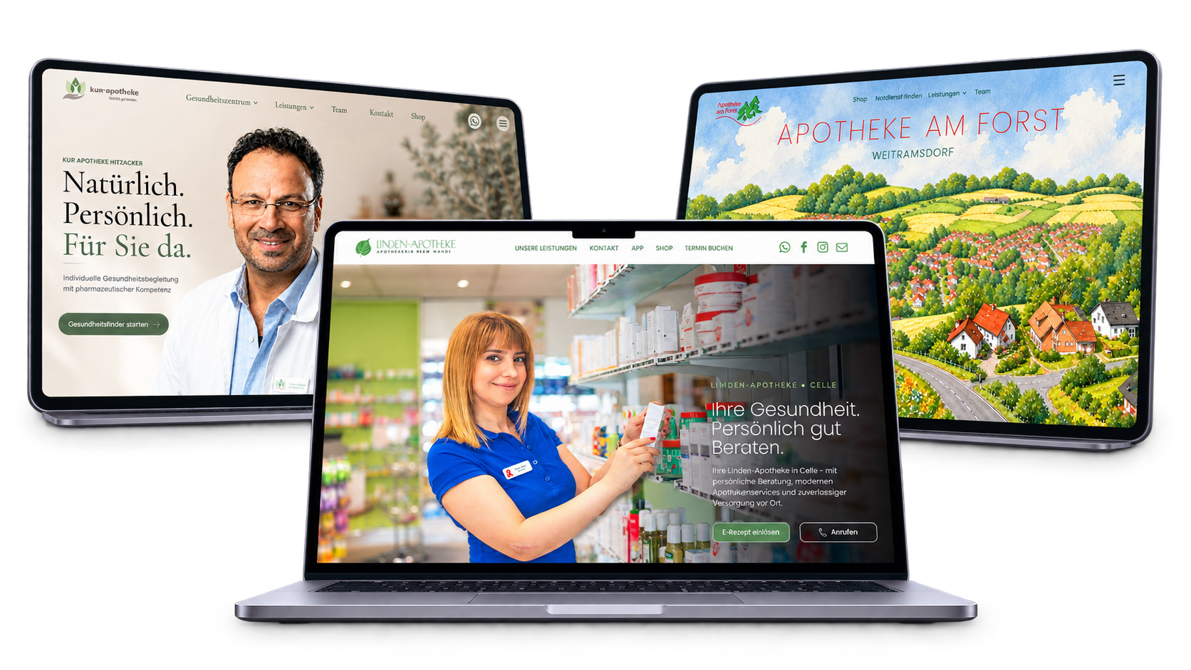 Individuell gestaltete Apotheken-Websites auf mehreren Bildschirmen mit unterschiedlichen Designs und Markenauftritten.